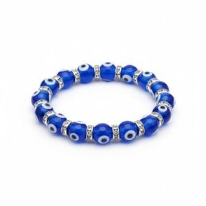 Blue Evil Eye Beaded‎ Stretchy Bracelet Rhinestone Accent Charm Protection